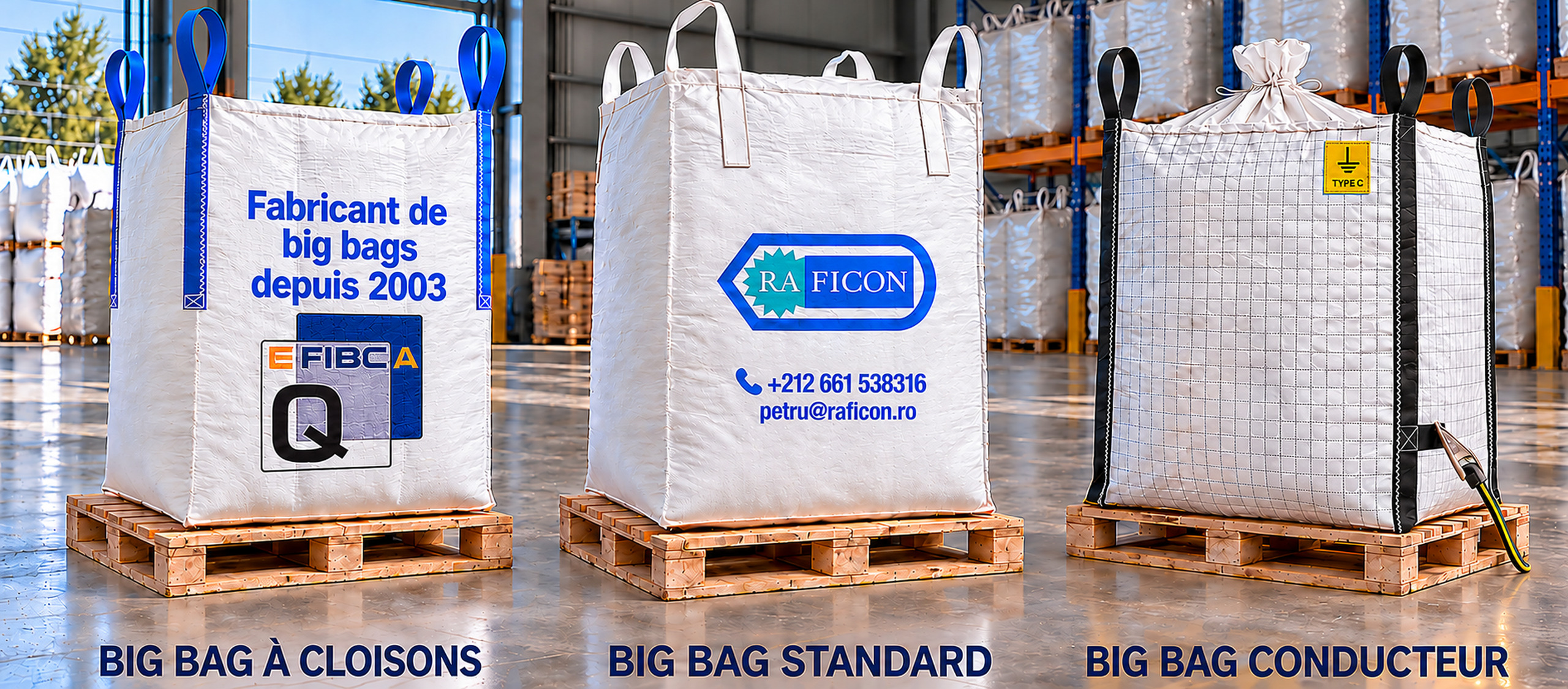 Big bags Raficon : big bag à cloisons, big bag standard et big bag conducteur Type C